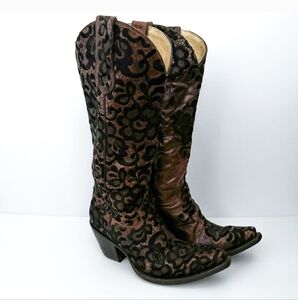Corral Vintage Black Floral Embroidery Tall Brown Leather Snip Toe Cowboy Boots